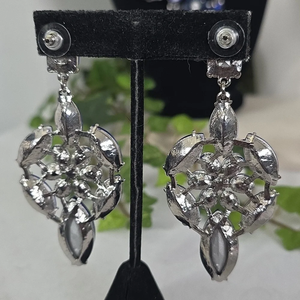 Statement Silver with Blue Crystal Stones Necklace and Matching Earrings Set